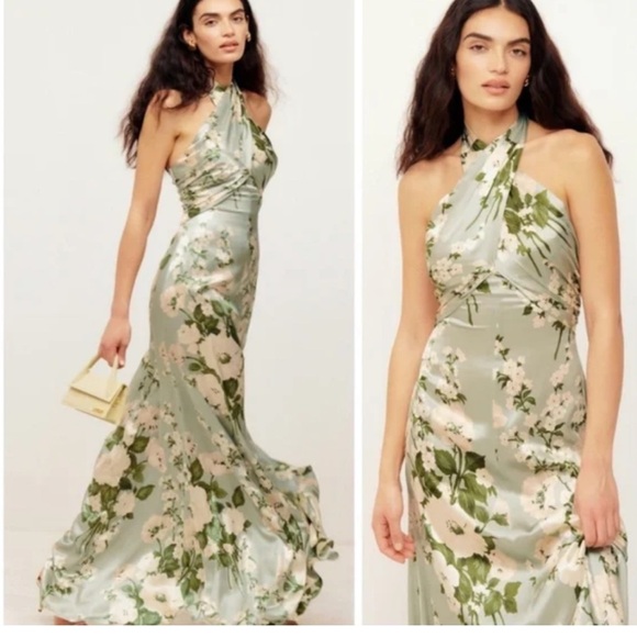 Reformation Veria Silk Floral Halter Maxi Dress - Sage...